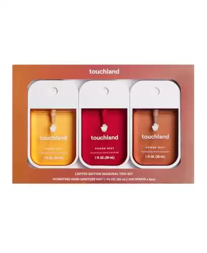 Touchland Hydrating Hand Sanitizer Spray, Limited Edition SEASONAL 3-PACK (Caramel, Pumpkin, Peppermint), Hydrating Mist, 1Fl Oz Travel Size (Set of 3)