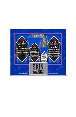 Jack Black Skin Saviors Set Pure Clean Daily Facial Cleanser, Double-Duty Face Moisturizer SPF 20, Intense Therapy Lip Balm SPF 25 Natural Mint & Shea Butter, & Face Buff Energizing Scrub