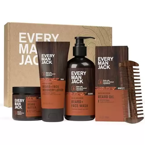 Every Man Jack Mens Aged Bourbon Beard Set - Five Full-Sized Grooming Essentials For a Complete Routine - Beard + Face Wash, Beard + Face Lotion, Hydrating Beard Oil, Beard Butter, and Beard Comb