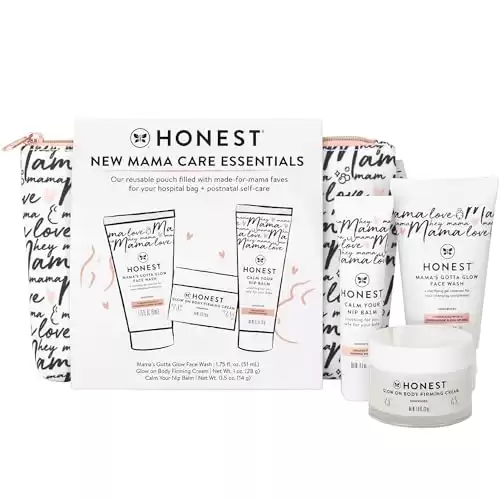 The Honest Company New Mama Care Essentials Gift Set | Hospital Bag Must Haves | Travel Size Nip Balm (0.5 oz), Glow On Body Cream (1 oz), Gotta Glow Face Wash (1.75 fl oz), Reusable Pouch