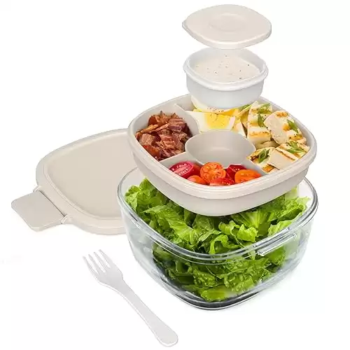 Bentgo Glass All-in-One Salad Container - Large 61-oz Salad Bowl with Lid, 4-Compartment Bento-Style Tray, 3-oz Sauce Container, & Reusable Fork - Dishwasher, Microwave, & Oven Safe (White Sto...