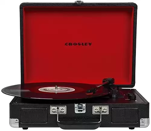 Crosley CR8005F-BK Cruiser Plus Vintage 3-Speed Bluetooth in/Out Suitcase Vinyl Record Player Turntable, Black/Red